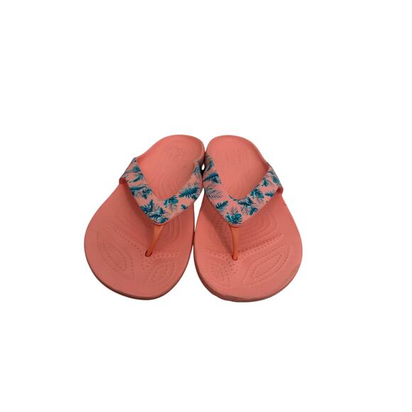 Crocs Flip Flops Womens Size 8 Kadee II Coral Pink Melon Tropical Floral Sandals - Picture 2 of 8